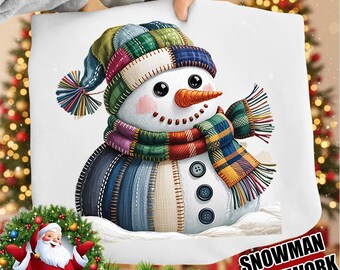 Patchwork Snowman PNG, Christmas Sublimation Design (Digital Download)