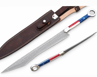 Custom Handmade Damascus Steel Blade Tactical Machete Sword with leather sheath, Gift for him, Christmas gift