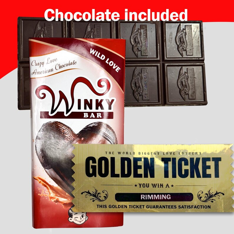 May include: A chocolate bar with the text "Winky Bar" and "Crazy Love American Chocolate." A golden ticket with the text "Golden Ticket" and "You Win A" is also included. Dark chocolate squares are in the background.