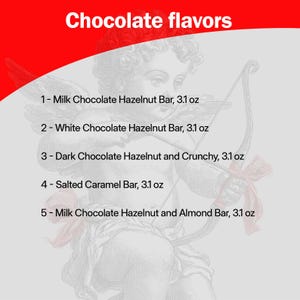 May include: A graphic listing five chocolate bar flavors: Milk Chocolate Hazelnut, White Chocolate Hazelnut, Dark Chocolate Hazelnut and Crunchy, Salted Caramel, and Milk Chocolate Hazelnut and Almond. Each bar is 3.1 oz. The text "Chocolate flavors" is at the top.