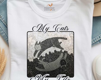Cat Doodle Shirt, Original Illustration, Cotton Graphic Tee For Cat Lovers