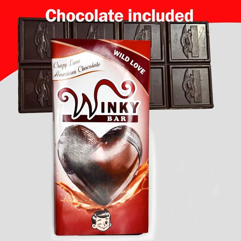 May include: A chocolate bar with a heart-shaped design, the packaging reads "Winky Bar" and "Crazy Love American Chocolate." The words "Chocolate included" are at the top. Several squares of dark chocolate are in the background.