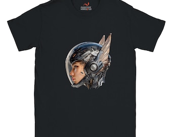 Futuristic AI Graphic Tee, Cyberpunk Helmet Shirt, Tech Wear Streetwear Unisex Innovation Style