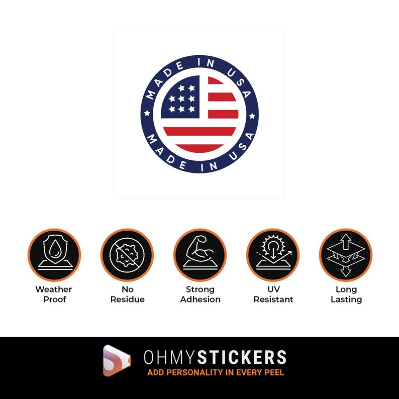 May include: A white background features a circular emblem with the text "MADE IN USA" surrounding a red and white American flag design. Below are icons indicating weather proof, no residue, strong adhesion, UV resistant, and long lasting.