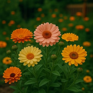 Puede incluir: Primer plano de flores de caléndula en tonos naranja, amarillo y melocotón. Las flores están en plena floración, mostrando sus pétalos y centros de color marrón oscuro. El fondo es verde borroso.