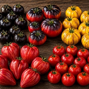 Pode incluir: Uma variedade de tomates frescos em várias cores e formas. A imagem apresenta tomates pretos, vermelhos, amarelos e listrados, mostrando uma variedade de tamanhos e texturas. Os tomates estão dispostos sobre uma superfície de madeira.