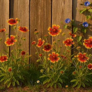 Puede incluir: Una vibrante escena de jardín con flores de Gaillardia de pétalos rojos y amarillos, frente a una valla de madera desgastada. El follaje verde y las pequeñas flores blancas se suman a la belleza natural. Las campanillas azules trepan por la valla.