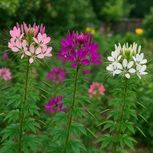 Puede incluir: Primer plano de tres flores de Cleome en un jardín. Las flores son en tonos de rosa, morado y blanco, con largos y delicados estambres. Los tallos y hojas verdes proporcionan un telón de fondo contrastante.