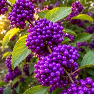 Pode incluir: Um cacho de bagas roxas vibrantes crescendo num ramo lenhoso, rodeado por folhas verdes serrilhadas. Os pequenos frutos redondos e brilhantes estão densamente agrupados em formações esféricas ao longo do caule, iluminados pela luz natural.