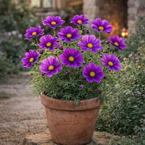 Può includere: Un vaso di terracotta pieno di vibranti fiori di cosmo viola con centri gialli. I fiori sono in piena fioritura, creando un'esposizione lussureggiante. Il vaso è posto su una superficie di pietra, con uno sfondo sfocato di giardino.