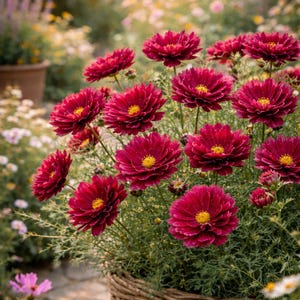 Könnte beinhalten: Nahaufnahme eines Korbes voller leuchtend tiefroter Blumen mit gelben Zentren. Die Blumen sind von grünem Laub umgeben und vor einem verschwommenen Hintergrund aus anderen Blumen und Grünpflanzen platziert. Der Korb besteht aus geflochtenen braunen Zweigen.