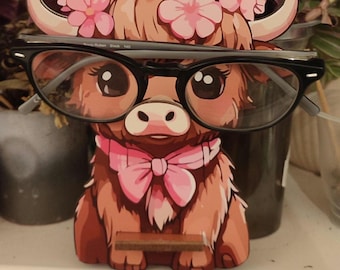 Highland Cow Wooden Glasses Holder: Pink Floral Desk Decor