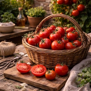 Op de afbeelding: Een rustig stilleven met een rieten mand vol rijpe, rode tomaten. Enkele tomaten zijn gehalveerd op een houten snijplank. De scène speelt zich buiten af, met groen en een bakstenen muur op de achtergrond.