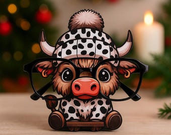 Dalmatian Highland Cow Glasses Holder – Painted Wood Desk Decor