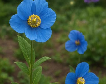 Può includere: Primo piano di vibranti fiori di papavero blu dell'Himalaya con centri gialli. I fiori hanno delicati petali increspati e sono ambientati su uno sfondo verde sfocato. L'immagine cattura la bellezza della natura, mostrando i fiori blu brillante e il fogliame verde.