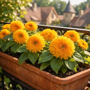 Puede incluir: Una jardinera rectangular de terracota rebosante de vibrantes girasoles naranjas en plena floración. Las flores tienen pétalos densos y en capas y centros verdes. La jardinera se encuentra sobre una barandilla de hierro forjado negro, con un fondo borroso de edificios y vegetación.