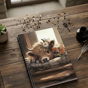 Può includere: Un taccuino a spirale con un'illustrazione di una mucca delle Highlands adornata da una corona floreale. La mucca è appoggiata su un cuscino. Il taccuino è su un tavolo di legno, accanto a una pianta succulenta, un calamaio e una piuma.