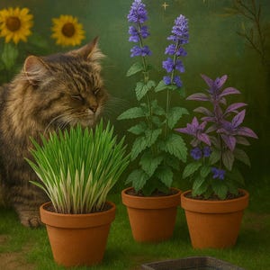 以下が含まれることがあります： 猫と鉢植えの植物の画像。猫草、紫色の花、緑の植物が含まれています。また、小さな水入れと「Exclusive Pack」の文字も含まれています。