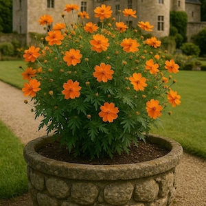 Könnte beinhalten: Eine leuchtend orangefarbene Kosme in einem Steintopf. Die Pflanze steht vor einem Schloss und einem Garten. Der Topf hat ein strukturiertes, abgerundetes Design.