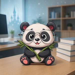 May include: A cartoon panda wearing spectacles and holding bamboo. The panda has black and white fur with pink accents on its paws and ears. It is sitting on a wooden surface with books in the background.
