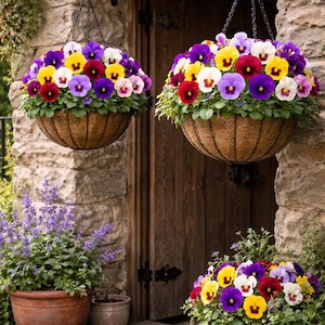 May include: Two hanging baskets overflowing with vibrant pansies in yellow, red, purple, and white. The baskets hang from chains on a stone wall. A terracotta pot with purple flowers is also visible.