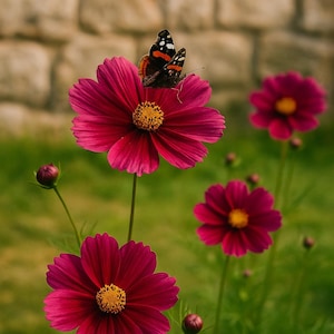 Può includere: Primo piano di vibranti fiori di cosmo rosa con centri gialli e una farfalla posata su uno di essi. I fiori sono ambientati su uno sfondo verde sfocato e un muro di pietra.