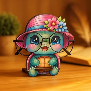 Può includere: Un portacarte per occhiali a forma di tartaruga. Il supporto è dipinto in tonalità di blu, rosa e verde, con un volto sorridente, grandi occhiali e un cappello ornato di fiori. La tartaruga tiene un piccolo ripiano per gli occhiali.
