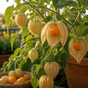 Puede incluir: Primer plano de una planta con varias cáscaras colgantes en forma de linterna, cada una encerrando una pequeña fruta naranja. Las cáscaras son de color marrón claro y las frutas son de color naranja vibrante. Una cesta tejida llena de frutas similares está debajo.