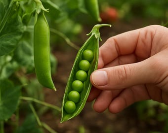 Puede incluir: Primer plano de vainas de guisantes verdes frescos, una abierta que revela seis guisantes verdes brillantes. La mano sostiene las vainas, con más vainas y follaje en el fondo. La imagen captura la frescura de la cosecha.