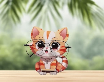 Cat Glasses Holder – Wooden Eyeglass Stand, Cute Orange Tabby Desk Decor, Cat Lover Gift