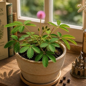 Puede incluir: Una planta de Mimosa pudica en maceta, con delicadas hojas verdes y una vibrante flor rosa en forma de esfera. La planta está en una maceta de cerámica beige, con un castillo decorativo y libros antiguos en el fondo.