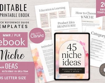 May include: An ebook template set with the text "EDITABLE & PRINTABLE EBOOK" and "QUICK REFERENCE GUIDE TEMPLATES". The image includes a tablet displaying "45 niche ideas" and several printed pages. The color scheme is primarily pink and white.