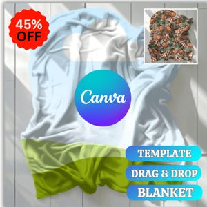 May include: A white blanket with a light blue and green design. The blanket features a pumpkin pattern in the corner. The image includes the text "Canva", "Template", "Drag & Drop", and "Blanket". A red circle indicates a 45% discount.