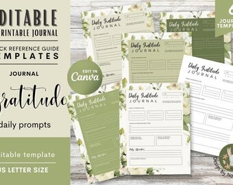 Sjablonen voor dagelijks dankbaarheidsdagboek | Bewerkbaar canvasdagboek | Afdrukbare bloemenplannerpagina's | Bezinningstips | Digitale pdf-zelfzorg