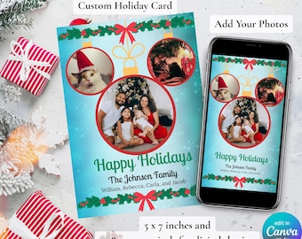 Modello di biglietto fotografico per le vacanze con decorazioni natalizie / Modello Canva di Natale / Biglietto di auguri per le vacanze in famiglia modificabile / Foto di biglietto di Natale stampabile