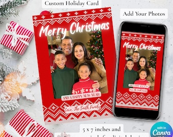 Modello di biglietto fotografico con maglione natalizio / Modello di Natale Canva / Biglietto di auguri per le feste in famiglia rosso modificabile / Biglietto di Natale con foto stampabile
