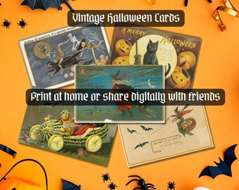 Puede incluir: Una colección de tarjetas vintage de Halloween con ilustraciones de brujas, gatos negros y calabazas. Las tarjetas están dispuestas sobre un fondo naranja con decoraciones de Halloween como murciélagos, arañas y globos oculares. El texto en las tarjetas dice "Vintage Halloween Cards" y "Print at home or share digitally with friends."