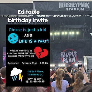 Simple Plan Im Just a Kid Birthday Emo Pop Punk Party Invitation Digital Download (Editable Template)