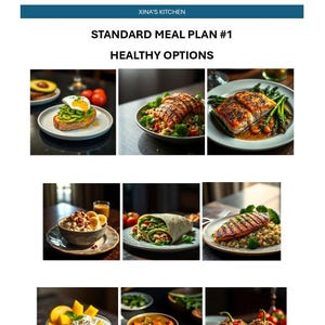 Puede incluir: Una guía visual de opciones de comidas saludables. La imagen muestra una variedad de platos, incluyendo tostadas de aguacate con huevo frito, pescado a la parrilla con espárragos y avena con plátanos. El texto superior dice "Xina's Kitchen" y "Standard Meal Plan #1 Healthy Options."