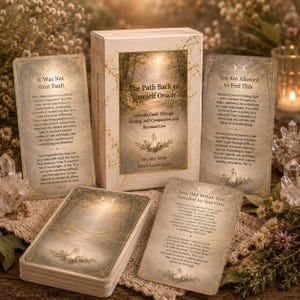 May include: The Path Back to Yourself Oracle card deck box and three cards with gold-toned forest imagery and text. The box reads The Path Back to Yourself Oracle, A Gentle Guide Through Healing, Self-Compassion, and Reconnection, 78 Card Deck.