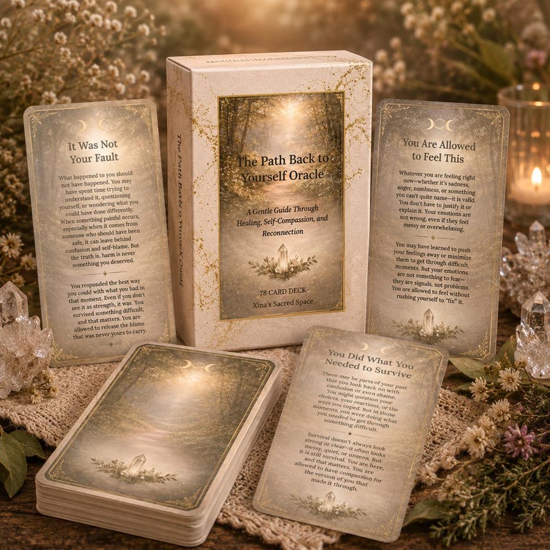 May include: The Path Back to Yourself Oracle card deck box and three cards with gold-toned forest imagery and text. The box reads The Path Back to Yourself Oracle, A Gentle Guide Through Healing, Self-Compassion, and Reconnection, 78 Card Deck.