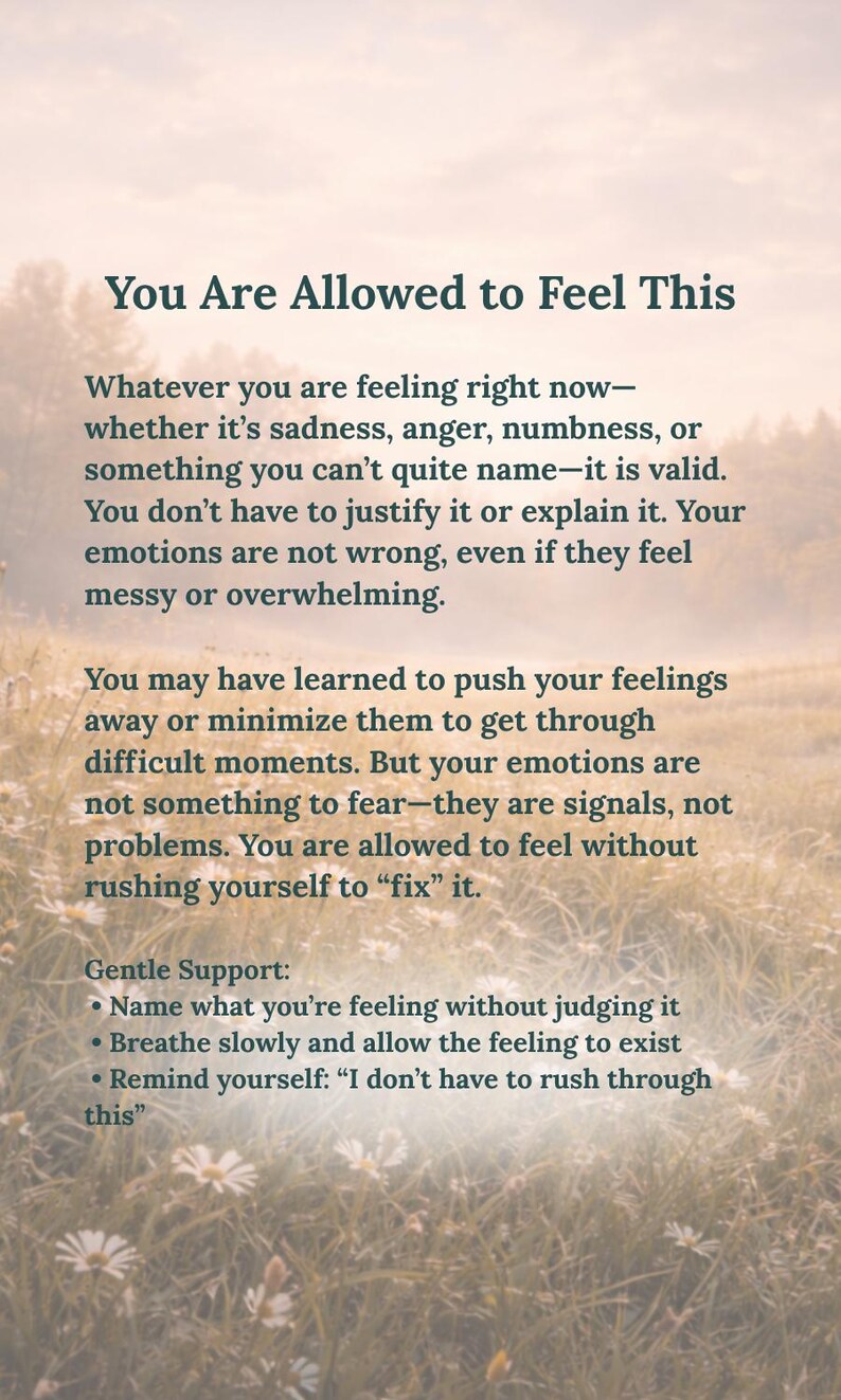 May include: A rectangular print featuring dark text on a light background. The title reads You Are Allowed to Feel This, followed by paragraphs about validating emotions and a list of Gentle Support steps including breathing and not rushing.