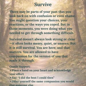 May include: A rectangular print featuring dark text over a blurred forest path background. The text reads: You Did What You Needed to Survive. There may be parts of your past that you look back on with confusion or even shame. Gentle Support: Place a hand on your heart and acknowledge your effort. Say: I did the best I could then.