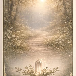 May include: A rectangular card featuring a vertical illustration of a glowing crystal resting on a bed of leaves and white flowers. Above, a path leads through a sunlit forest with trees and foliage, framed by two crescent moons at the top.