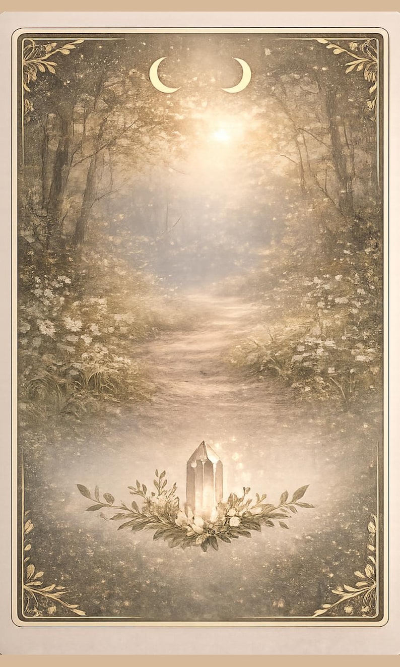 May include: A rectangular card featuring a vertical illustration of a glowing crystal resting on a bed of leaves and white flowers. Above, a path leads through a sunlit forest with trees and foliage, framed by two crescent moons at the top.