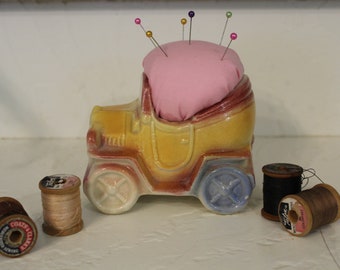 Pincushion in a Vintage Pottery Buggy