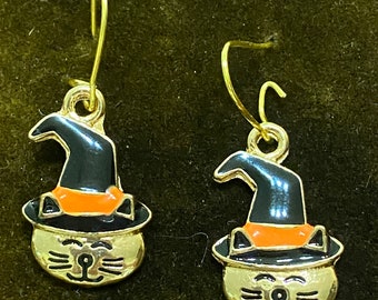 Halloween Earrings Cat in a Witch Hat Gold