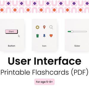 Puede incluir: Tarjetas didácticas imprimibles para el diseño de interfaz de usuario, con un botón, iconos y un control deslizante. Las tarjetas están diseñadas para niños de 5 a 8 años y contienen las palabras "Start", "Button", "Icon" y "Slider".
