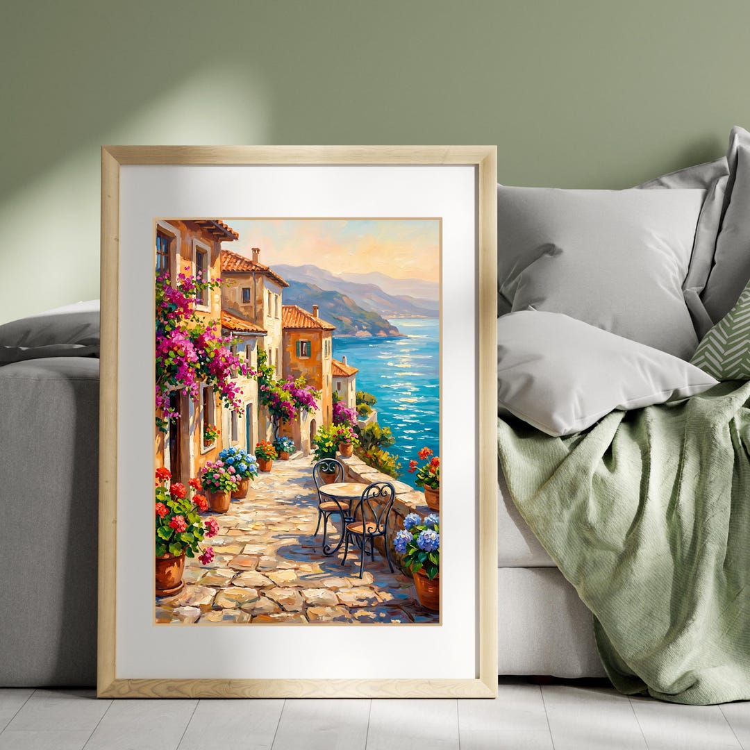 Sunlit Mediterranean Terrace Wall Art Printable | Coastal Village ...