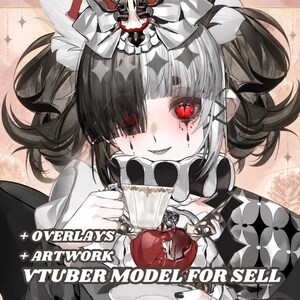 May include: A digital illustration of a character with split black and white hair, red eyes, and a white ruffled headpiece. The character holds a white teacup and wears a black and white outfit. Text reads: + OVERLAYS + ARTWORK VTUBER MODEL FOR SELL.